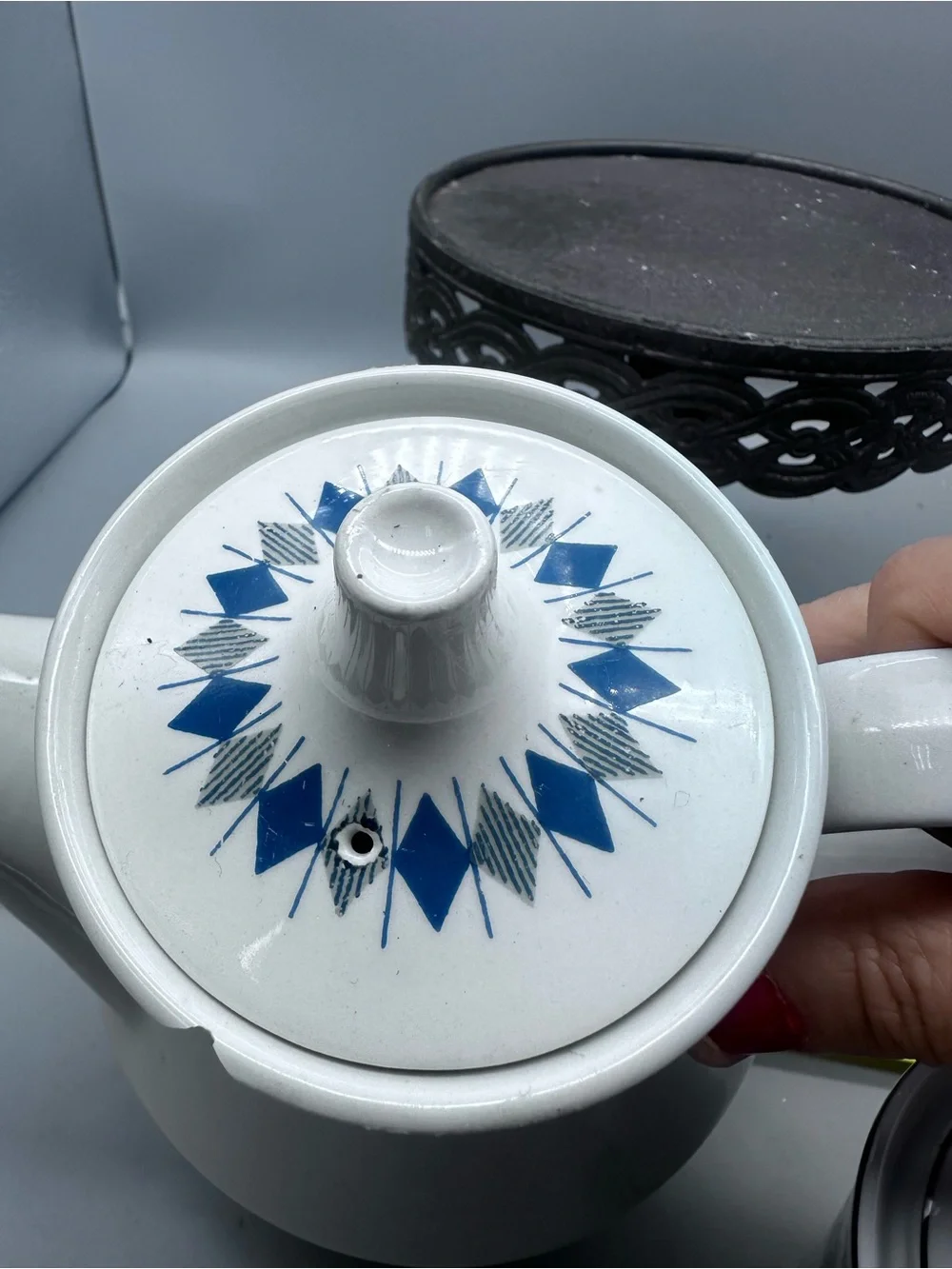 Thomas Germany White potcelain Teapot with Blue Diamond Motif